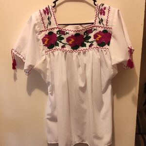 Embroidered White and Pink Women's Top